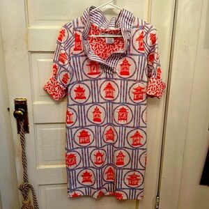 Gretchen Scott ruffle neck dress. Orange/White